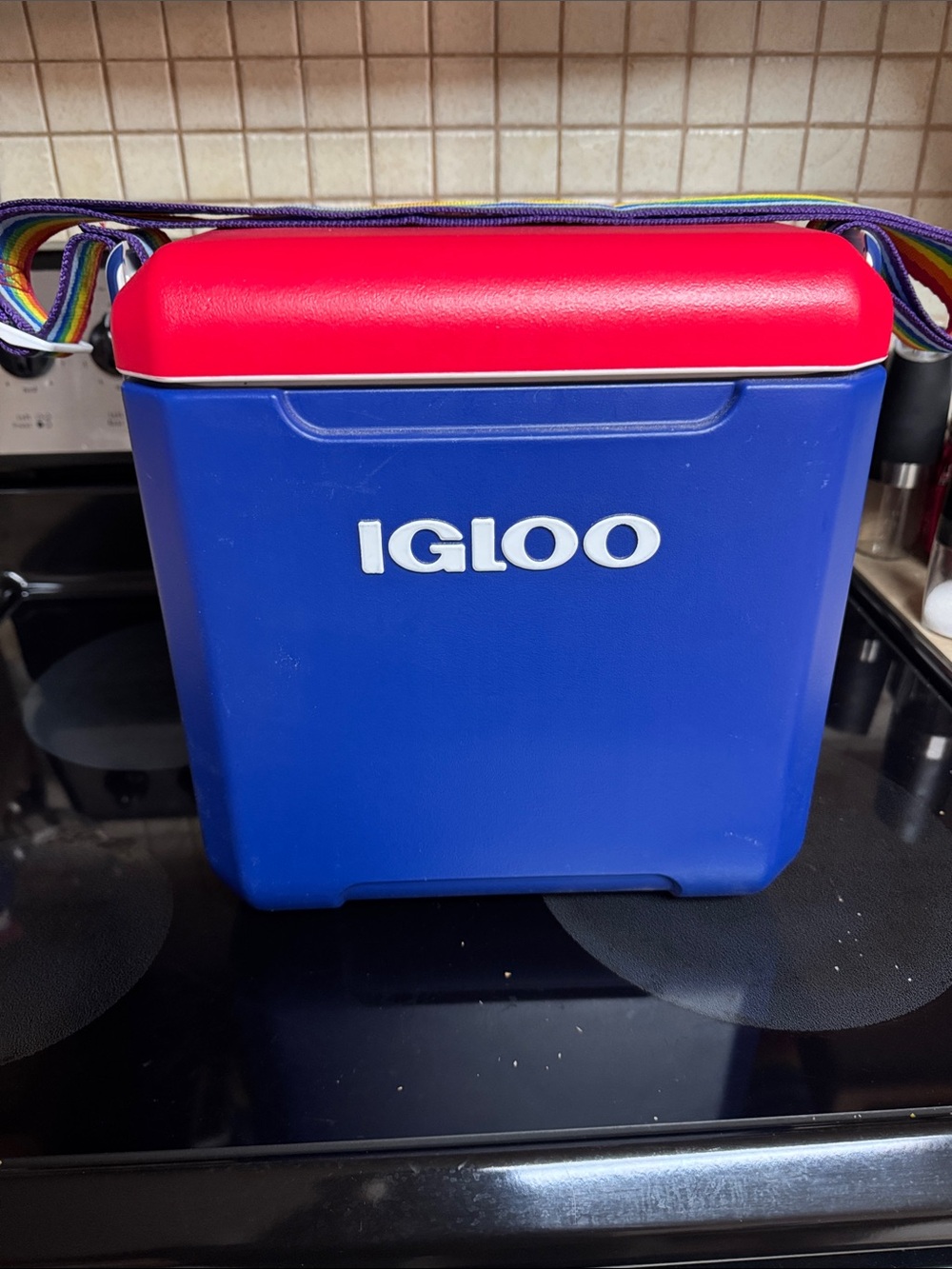 Igloo Blue Cooler with Red Lid and Rainbow Strap 11 Quart